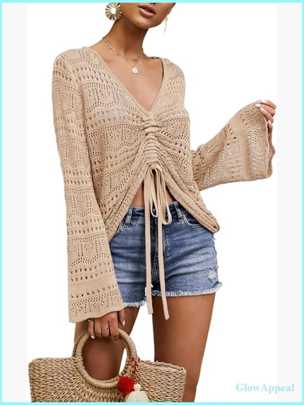 Crochet Top Beach Cover Up Drawstring Shirt Lace Up Tee Poncho